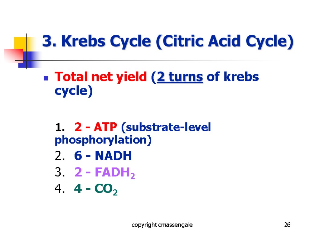 26 3. Krebs Cycle (Citric Acid Cycle) Total net yield (2 turns of krebs